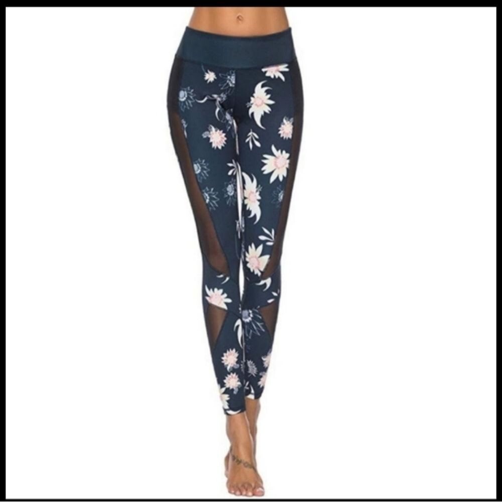 mint lilac Navy Flower Print Active Leggings with Black Mesh Panels Sz Medium